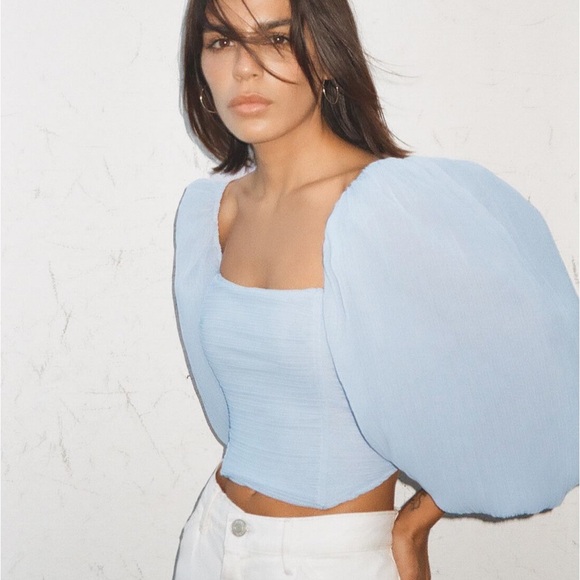 Zara Organza Top Puff Sleeve - Pastel Blue - Picture 2 of 9
